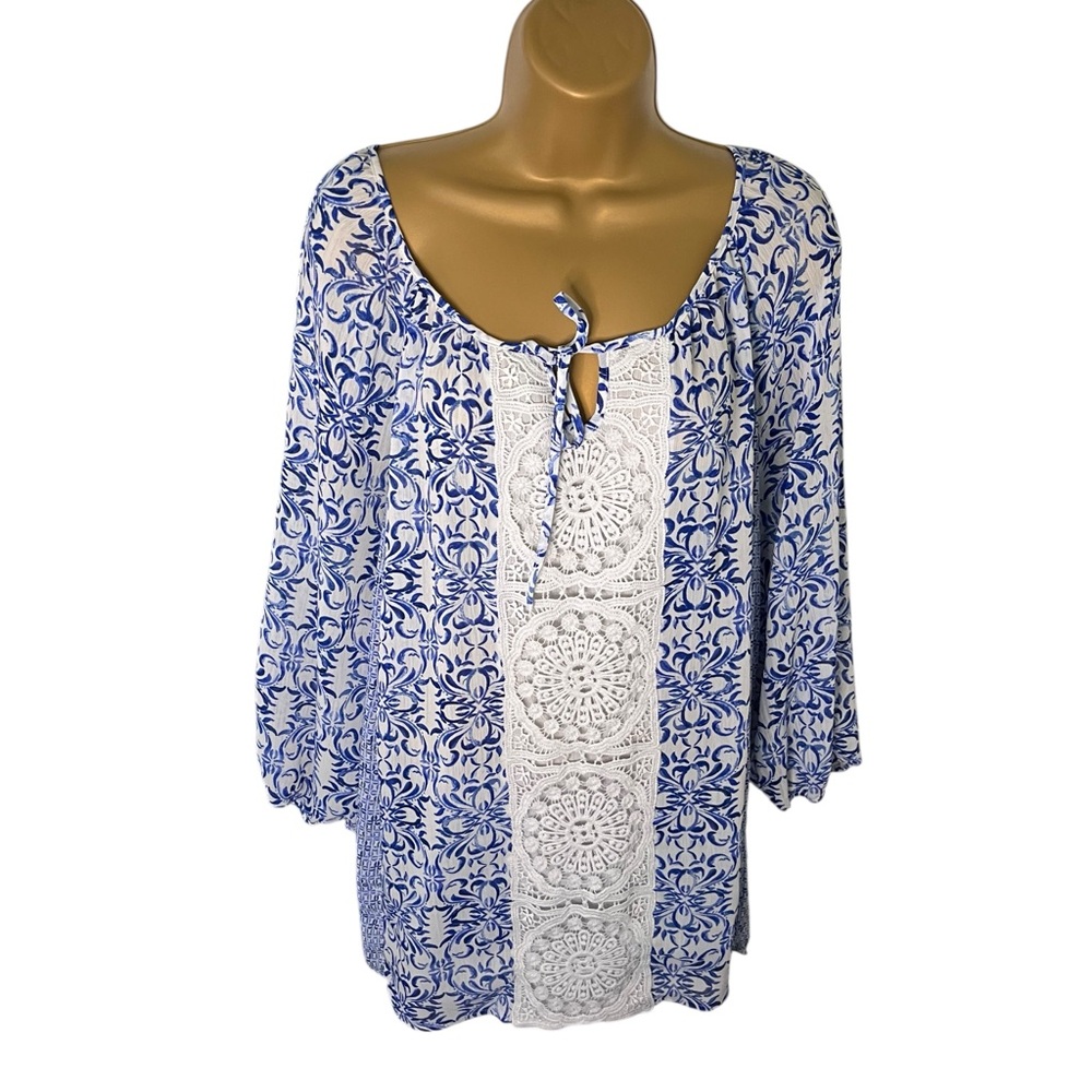 Valerie Stevens Crochet Inset Tunic Top Tie Neck 3/4 Sleeve Blue White 2X